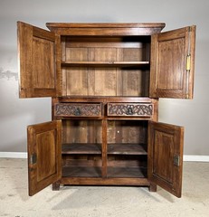 64″ Tall French Antique Gothic Carved Oak Wood Deux Corps Storage Cabinet