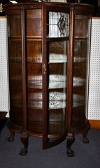 Victorian Carved Wood & Glass Curio Cabinet Leaded Glass Convex Ball & Claw Feet