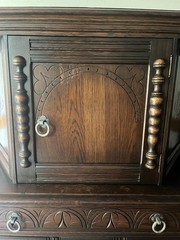 Tomlinson 1930s/40s Jacobean Revival Gothic Carved Romano Oak Court Cupboard