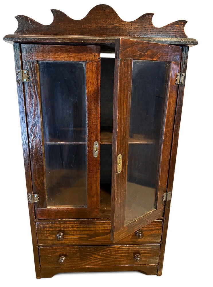 Antique Child’s Toy China Cabinet 22”x 12”x6.25” W/ Drawers & Glass Doors