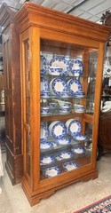 Vintage Oak Curio Cabinet With Side Opening Glass Doors Beaded Time Display Case