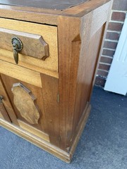 Vintage Burl Walnut Wood Small Side Cabinet Drawer Leather Top – Brass Hardware