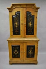 Antique Country French Neoclassical Putti Painted Pine Cupboard Cabinet Hutch
