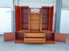 SIGNED JAMES MONT COROMANDEL RED CABINET W GOLD GILT BAMBOO DECORATION – P