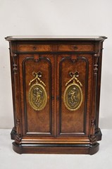 Antique Napoleon III Burl Walnut 2 Door Wardrobe Cabinet with Bronze Plaques