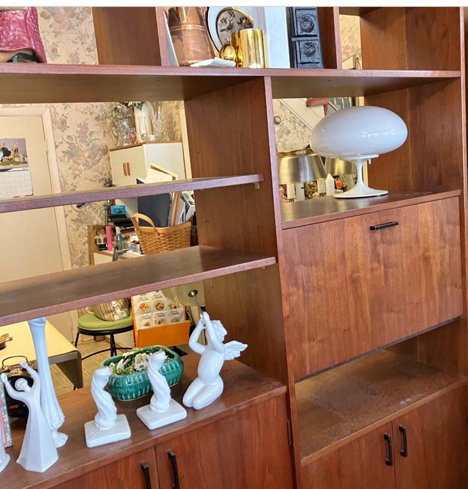 Mid Century Walnut Veneer Room Divider Display Storage Cabinet with Bar Desk MCM
