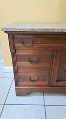 Antique Eastlake Victorian Burl Walnut Taupe Marble Top Washstand c1890s