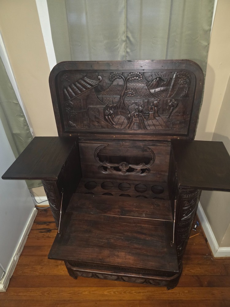 George Zee Mid-Century Asian Vintage Hand Carved Wood Teak Bar Cabinet