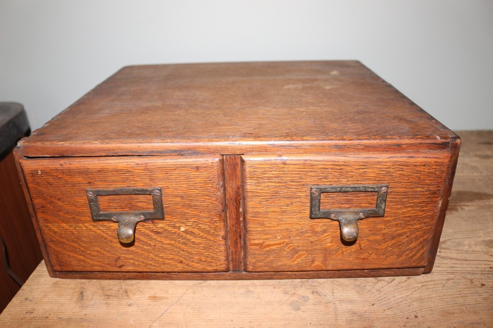 Antique c1900 1/4 Sawn Oak Dovetailed 2 Drawer Card Catalog File Library Cabinet