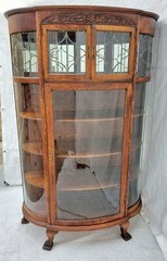 Victorian Oak Bowed Curved Glass China Cabinet with Leaded Glass & Claw Feet