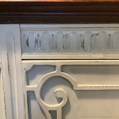 Vintage China Cabinet Painted Gray w Natural Dark Wood Carvings Interior Storage