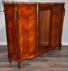 Antique French Louis XVI Marble Top Bronze Inlaid Bookcase Commode Curio Cabinet