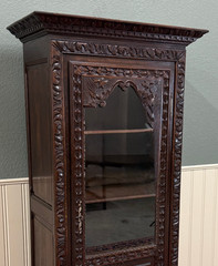 Antique French Breton Bookcase Armoire Linen Cab Wavy Glass Carved Chestnut 19th