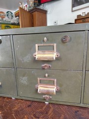 1950s 6-Drawer Green Metal Cabinet Y & E Brass Bits Vintage Works Great No Key