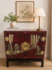 Vintage Hand Painted Red Lacquer Asian Oriental Cabinet Table Made in Spain