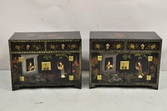 Vintage Chinese Oriental Small Asian Black Lacquer Painted Cabinets – a Pair