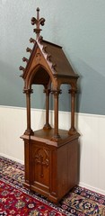 Antique French Gothic Revival Statuary Niche Cabinet Pedestal Altar Oak Late 19C