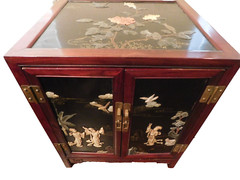 Vintage Chinoiserie Chinese Black Lacquer Hard Stone Finish Art Console Cabinet