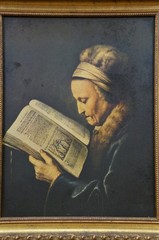 1976 Old Woman Reading a Lectionary Portrait Print on Board after Gerrit Dou 13″