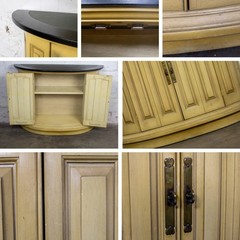 Vintage Neoclassic Revival Blonde Oak Demilune Cabinet or Console and Mirror