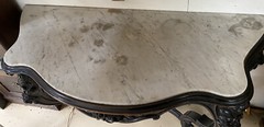 Antique French Louis XV Ebonized Bowfront Console Table w/ White Marble Top
