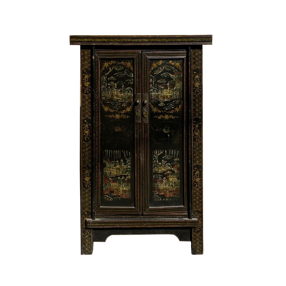 Chinese Vintage Distressed Color Scenery Graphic Dresser Cabinet cs7140
