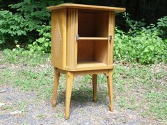 Vintage Mid Century Modern Blonde Tambour Door Cabinet Table Stand