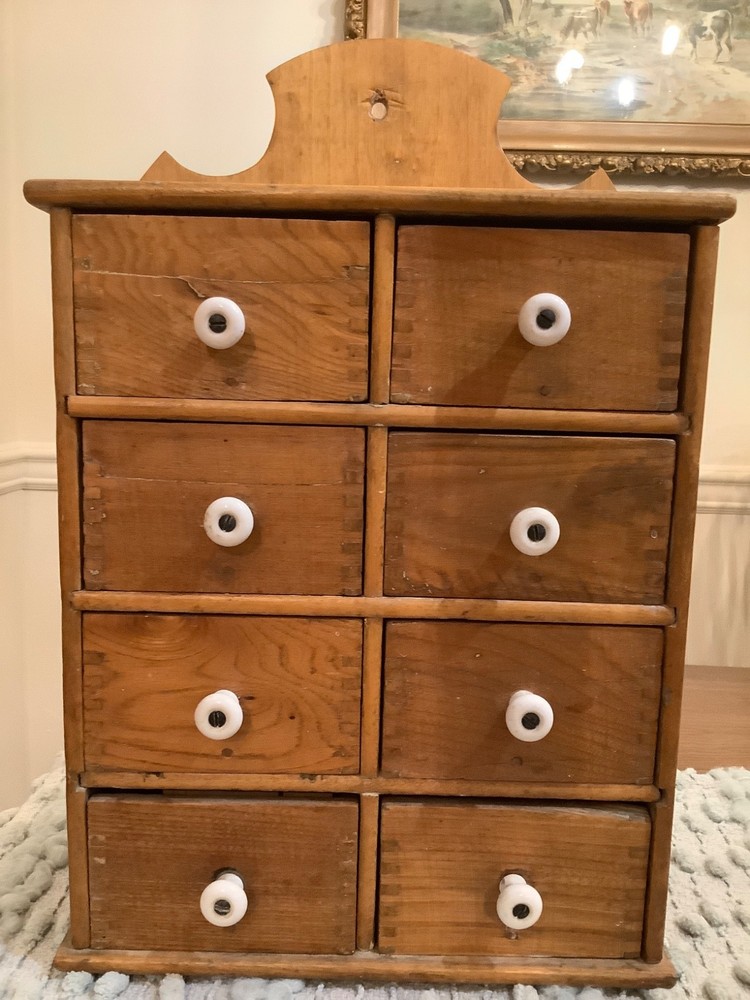 Antique Wooden Apothecary Spice Chest Cabinet 8 Drawers Primitive Farmhouse
