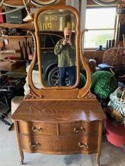 Antique Victorian Serpentine Tiger Oak Dresser with Bow Shape Tilt Mirror