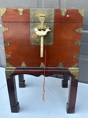 Vintage Korean Bandaji Chest On Stand With Ornate Brass Hardware, Lock & Key