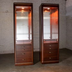 Modern Pair Lighted Display Cabinets by Bassett Furniture Cherrywood & Brass