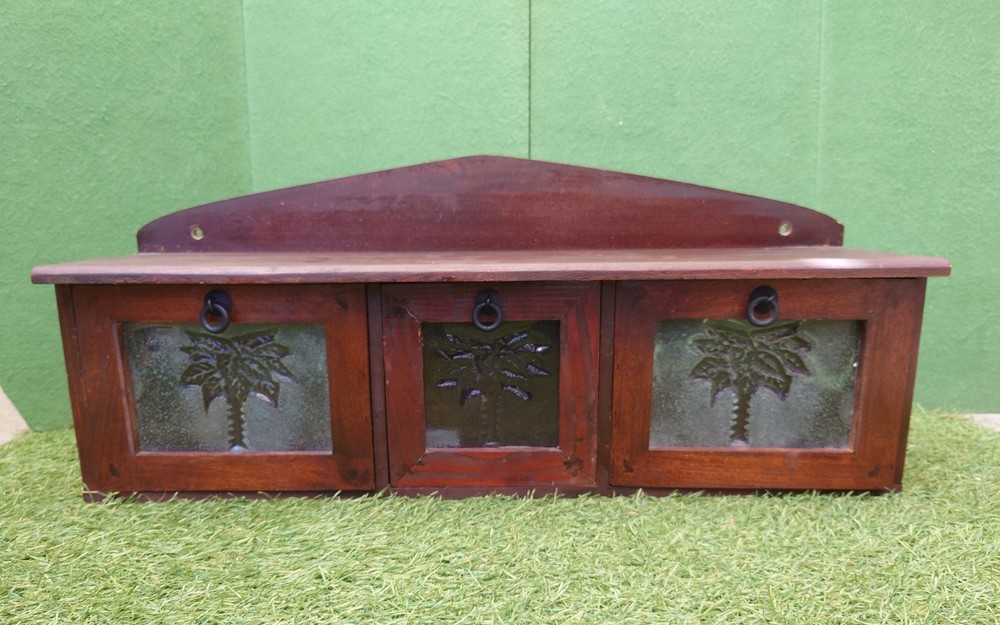 Vtg Solid Wood Hanging Cabinet, 3 Drawers , Embossed Frosted Glass ,Rustic 24in