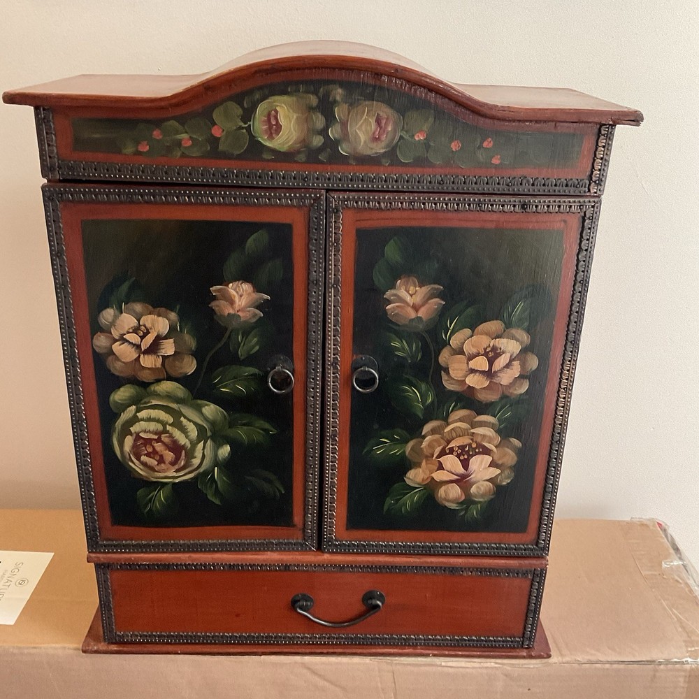 Antique Lovely French Style Petite Cabinet Armoire Hand Painted Floral