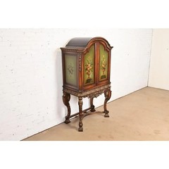 Berkey & Gay Style Antique Jacobean Hand Painted Bar Cabinet, Circa 1920s