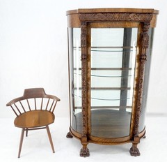 Solid Tiger Oak Curved Glass China Cabinet Carved Claw Feet Lion Heads MINT!