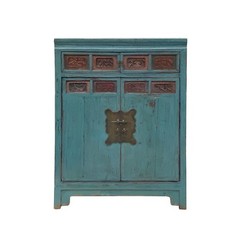 Chinese Vintage Carving Panel Tall Credenza Blue Storage Cabinet cs7515