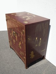 Vintage Chinese Asian Burgundy Lacquer Floral Chinoiserie Cabinet ~ Side Table