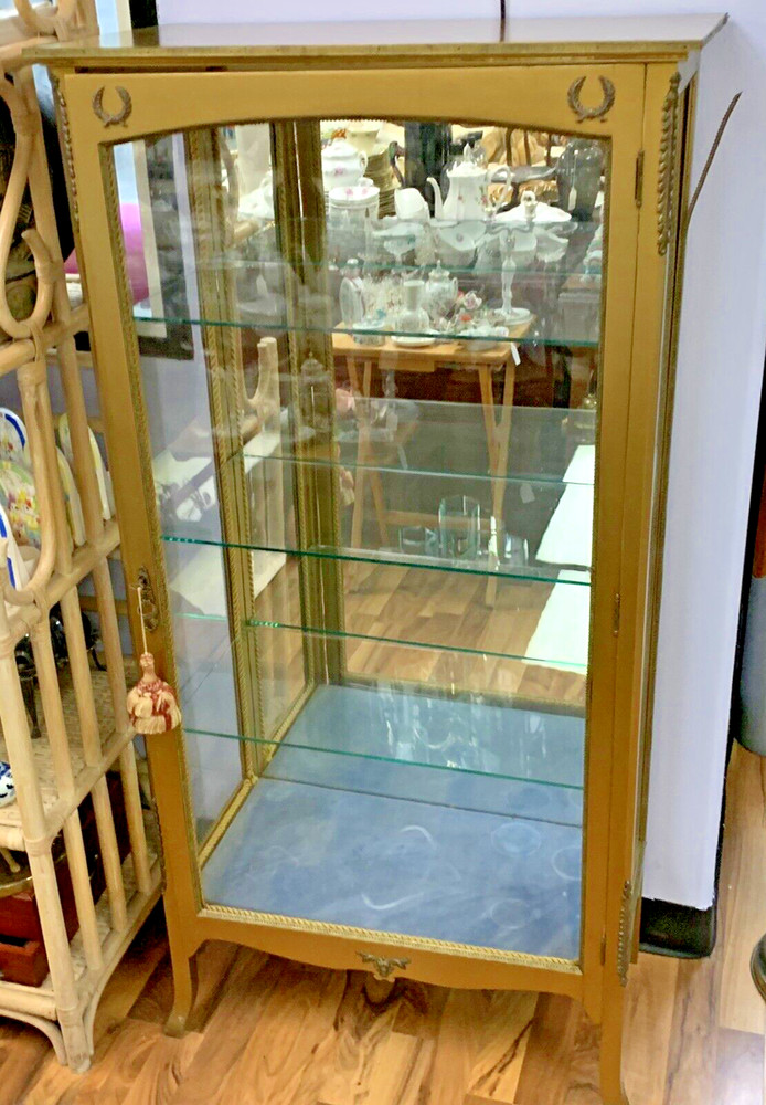 ATQ Gold Painted Wood Lighted Curio Cabinet + 3 Glass Shelves & Mirror 56″H 28″L