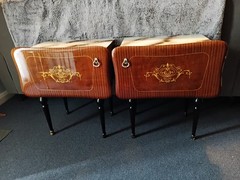 Rare Pair Vintage 1950s Style French Oak Side Table Cabinet Marble Look Top
