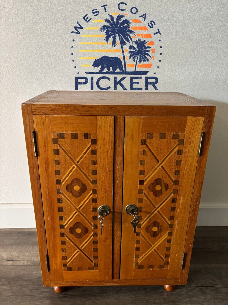 Antique Wood Guatemalan Jewelry Cabinet/Cupboard w/Inlay PLEASE READ