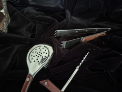 Vintage Bar Tool Set Ice Tongs Strainer Botle Opener Cork Screw Cheese Knife MCM