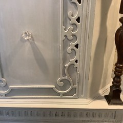 Vintage China Cabinet Painted Gray w Natural Dark Wood Carvings Interior Storage