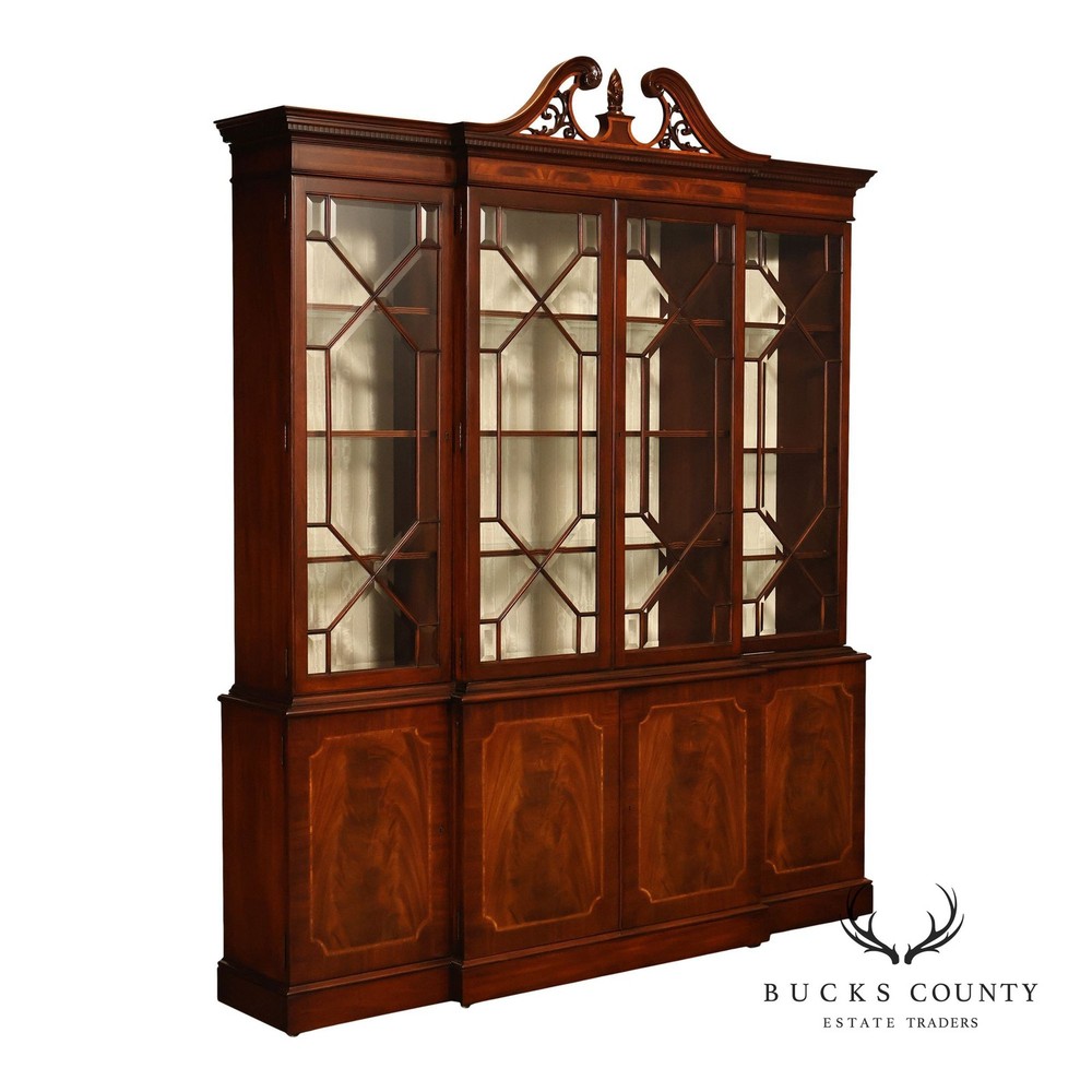 China Cabinet Display Bookcase with Carved Pediment and Silk Backing