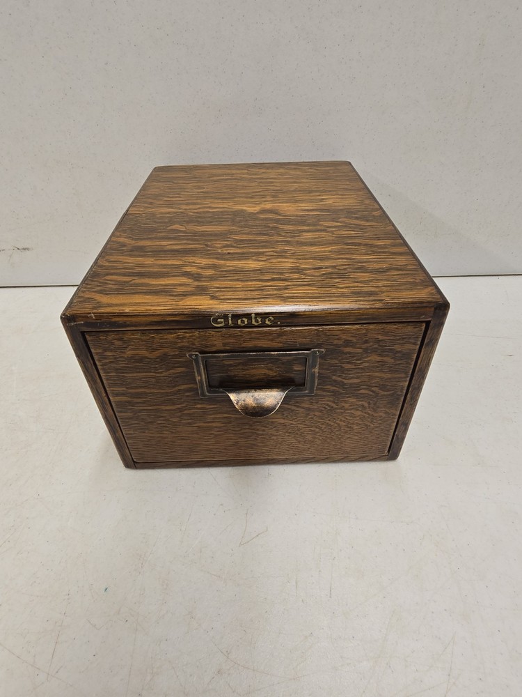 Antique Globe Wernicke Oak Wood Large Index Recipe Card Single Drawer Cabinet