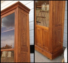 Antique LG 8′ H Oak Raised Panel 2 Dr Display Case Showcase Cabinet Bead Molding
