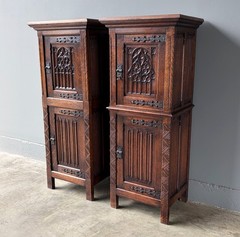 50″ Tall Pair of Vintage French Solid Oak Wood Highly Carved Gothic Cabinets