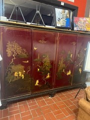 Chinoiserie Cabinet, Oriental Green Lacquer Hand Painted, Vintage / Antique L00K