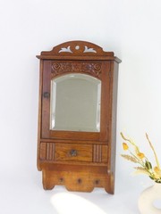 Antique Small Wooden Cabinet with Arch Mirror, Floral Carved Apothecary