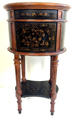Italian Style Raised Faux Leather Walnut Oval Cabinet / Side Table