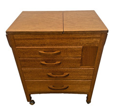 Mid Century Sewing Artist Cabinet, Four Drawers, Top Storage Bins, Expanding Top